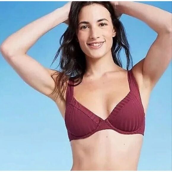 Shade & Shore Other - Shade and Shore Maroon Unlined Ribbed Bikini Top With Underwire Size 36D